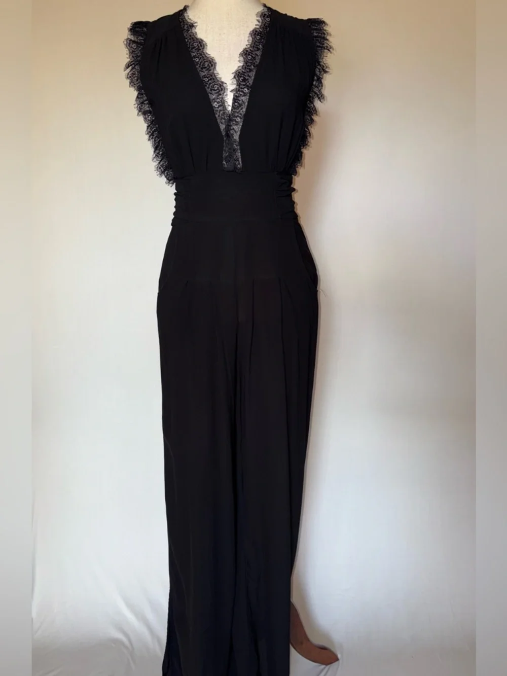 Free People Cem Black Lace-Trim V-Neck Wide-Leg Jumpsuit - Picture 5 of 8